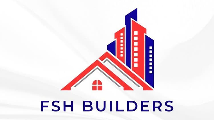 FSH Builders logo featuring a house roof and city skyline in red and blue.