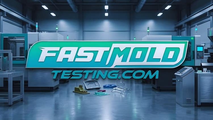 Fast Mold Testing Com logo displayed prominently in a factory setting, emphasizing their expertise in mold assessment services.