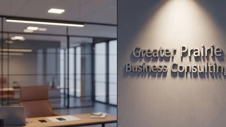 Modern office with Greater Prairie Business Consulting signage on the wall.