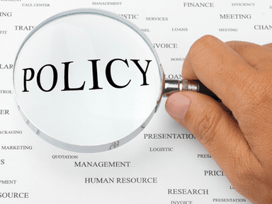 A magnifying glass focusing on the word "POLICY" among various business terms.