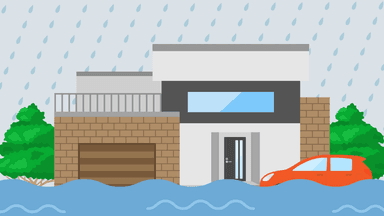 Modern house surrounded by floodwater with heavy rain and an orange car.