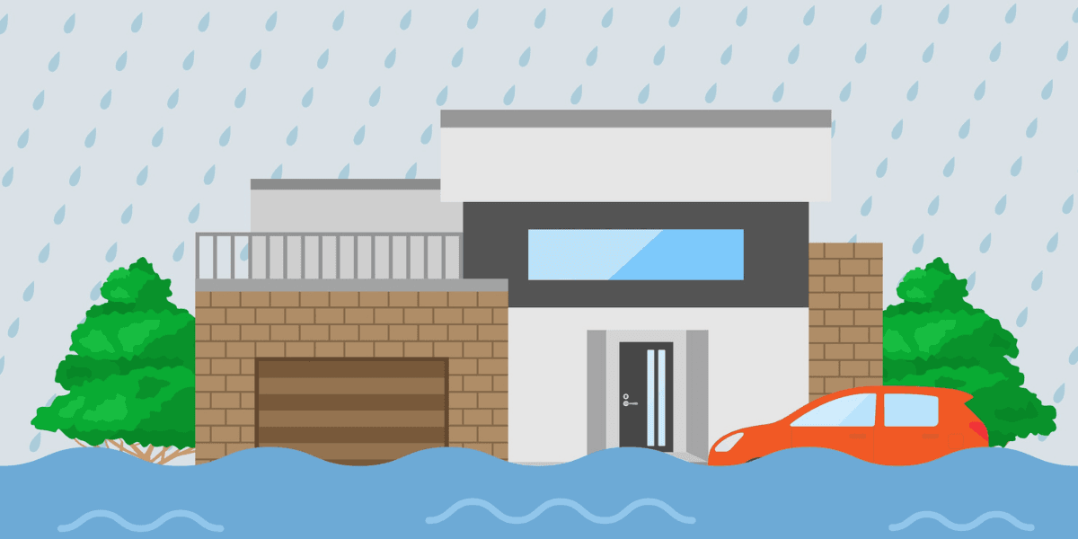 Modern house surrounded by floodwater with heavy rain and an orange car.