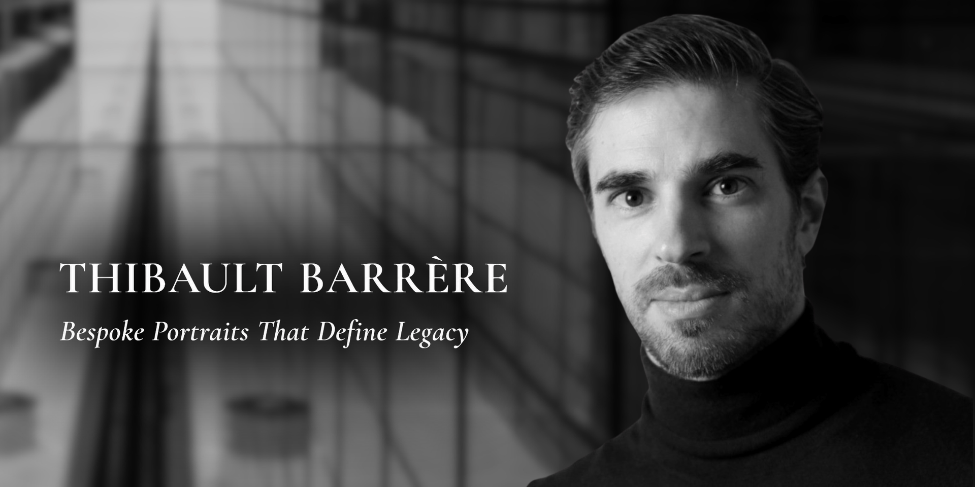 Black and white portrait of a man in a turtleneck against a city backdrop