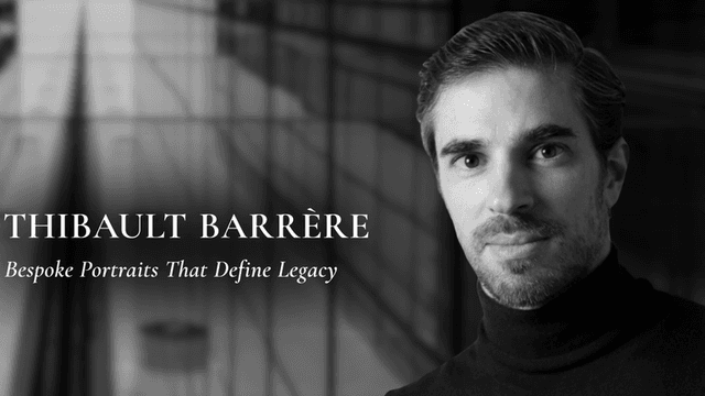 Black and white portrait of a man in a turtleneck against a city backdrop