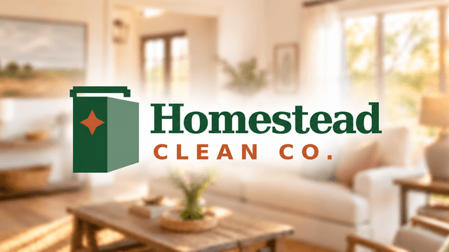 Logo of Homestead Clean Co. over a bright, cozy living room background
