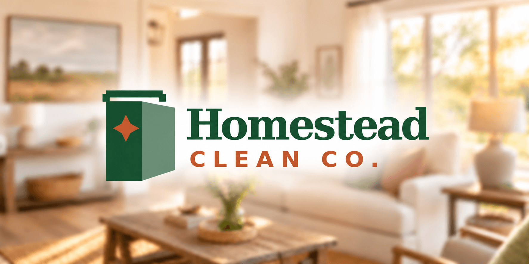 Logo of Homestead Clean Co. over a bright, cozy living room background