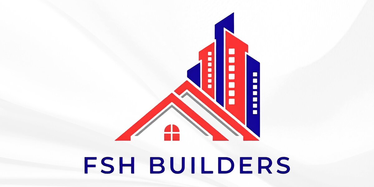FSH Builders logo featuring a house roof and city skyline in red and blue.