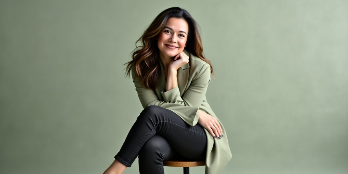 A woman with shoulder-length hair, wearing a green blazer, sitting on a stool, smiling confidently in a calm setting.