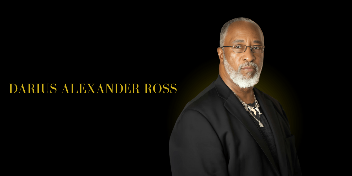 Portrait of Darius Alexander Ross in a black suit against a dark background with his name in gold text.
