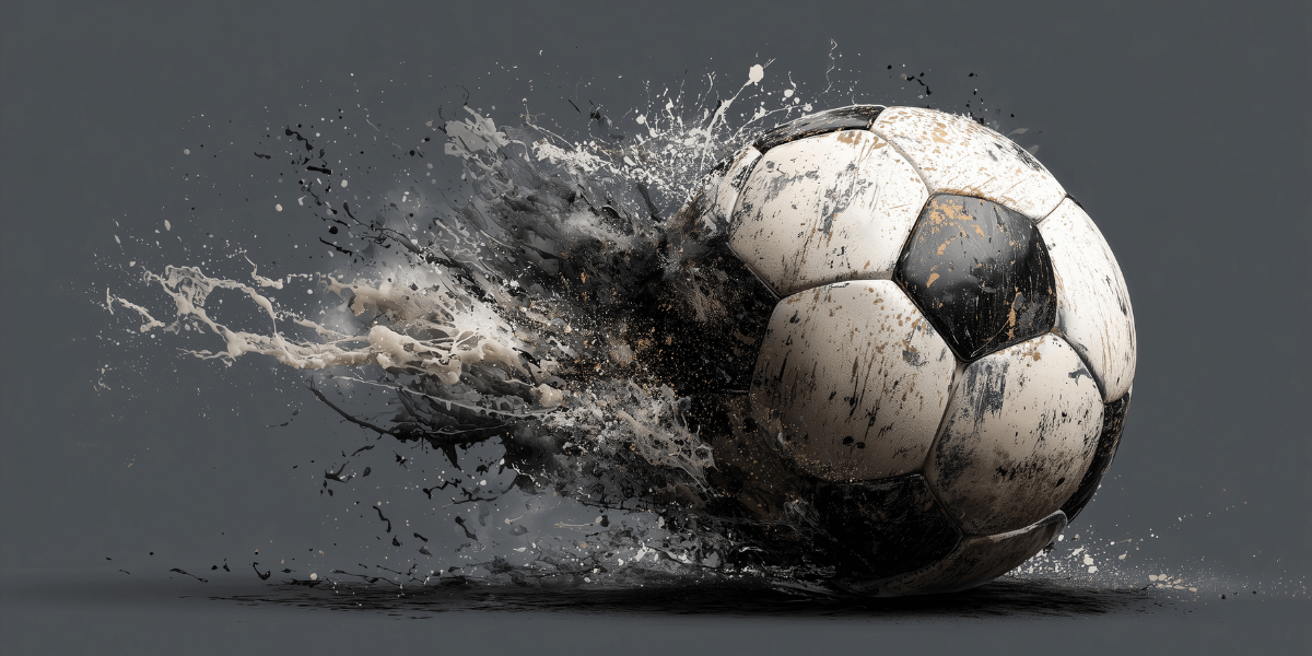 Stylized soccer ball with black and white paint splashes symbolizing creativity and the spirit of the game.