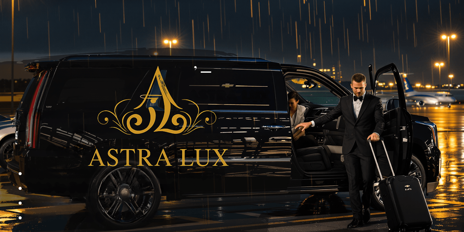 Man in tuxedo exits luxury SUV with luggage at rainy airport, branded "Astra Lux".