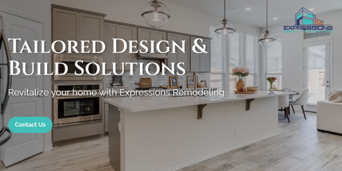 Modern kitchen with sleek cabinetry, white countertops, and pendant lighting, featuring the 'Tailored Design & Build Solutions' message from Expressions Remodeling, with a call-to-action button.