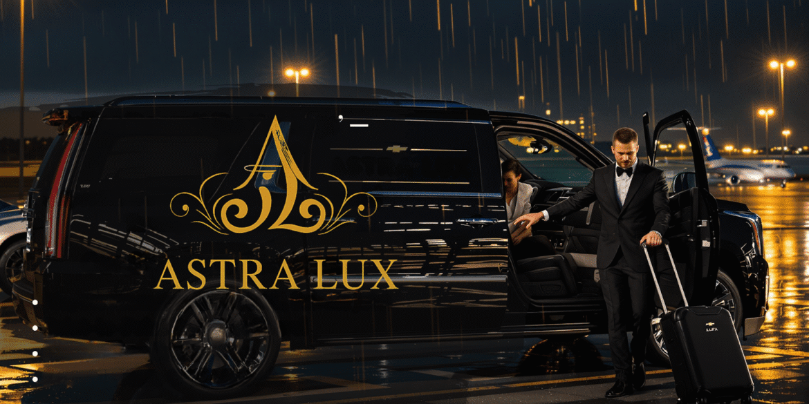 Man in tuxedo exits luxury SUV with luggage at rainy airport, branded "Astra Lux".