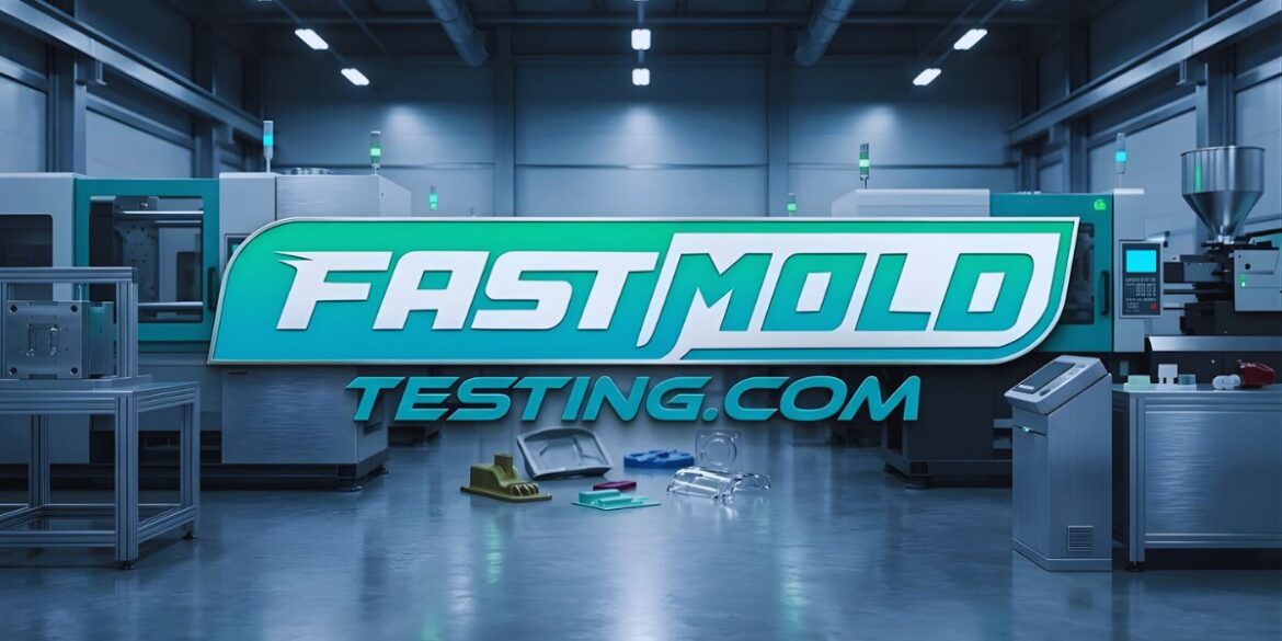 Fast Mold Testing Com logo displayed prominently in a factory setting, emphasizing their expertise in mold assessment services.