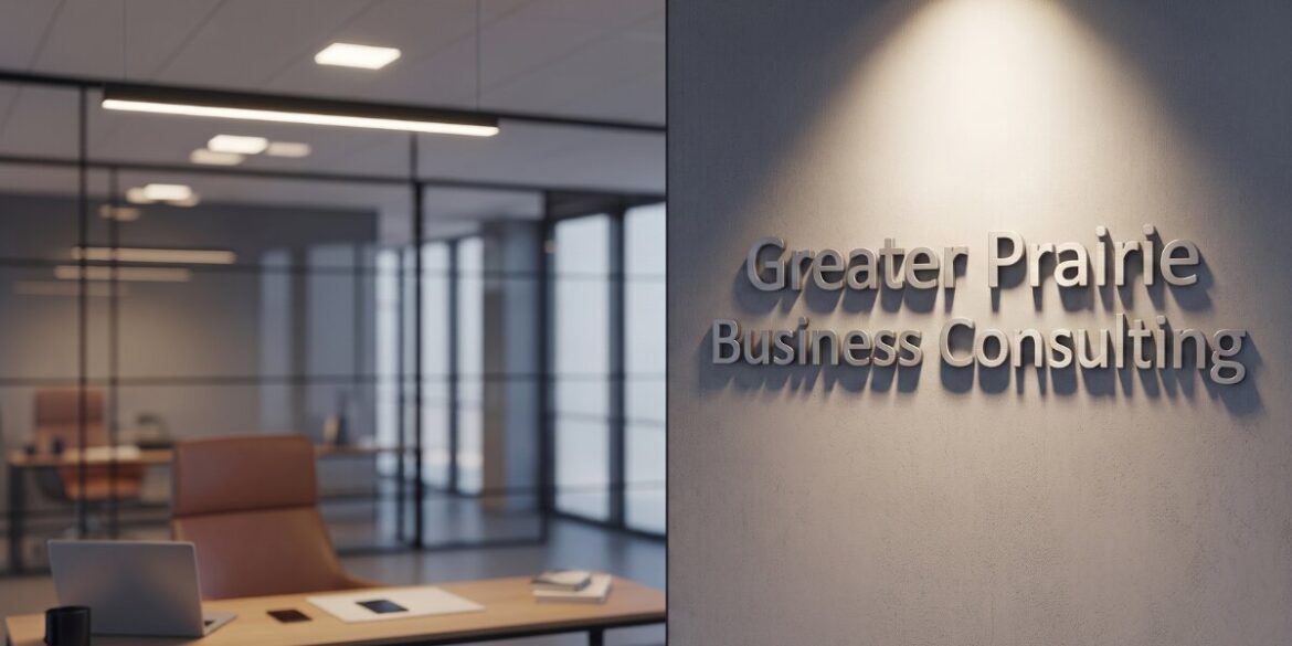 Modern office with Greater Prairie Business Consulting signage on the wall.