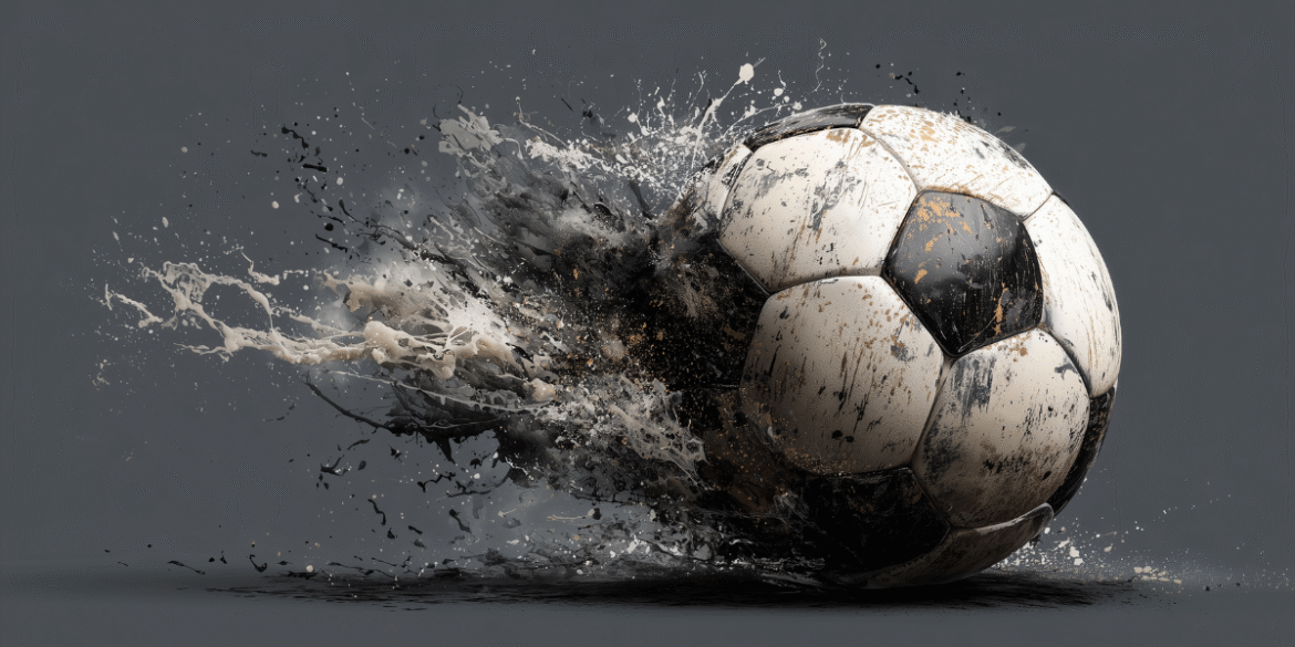 Stylized soccer ball with black and white paint splashes symbolizing creativity and the spirit of the game.